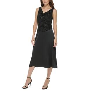 DKNY Black Cocktail Party Dress Sequined Satin Sleeveless A-Line Midi Size 4